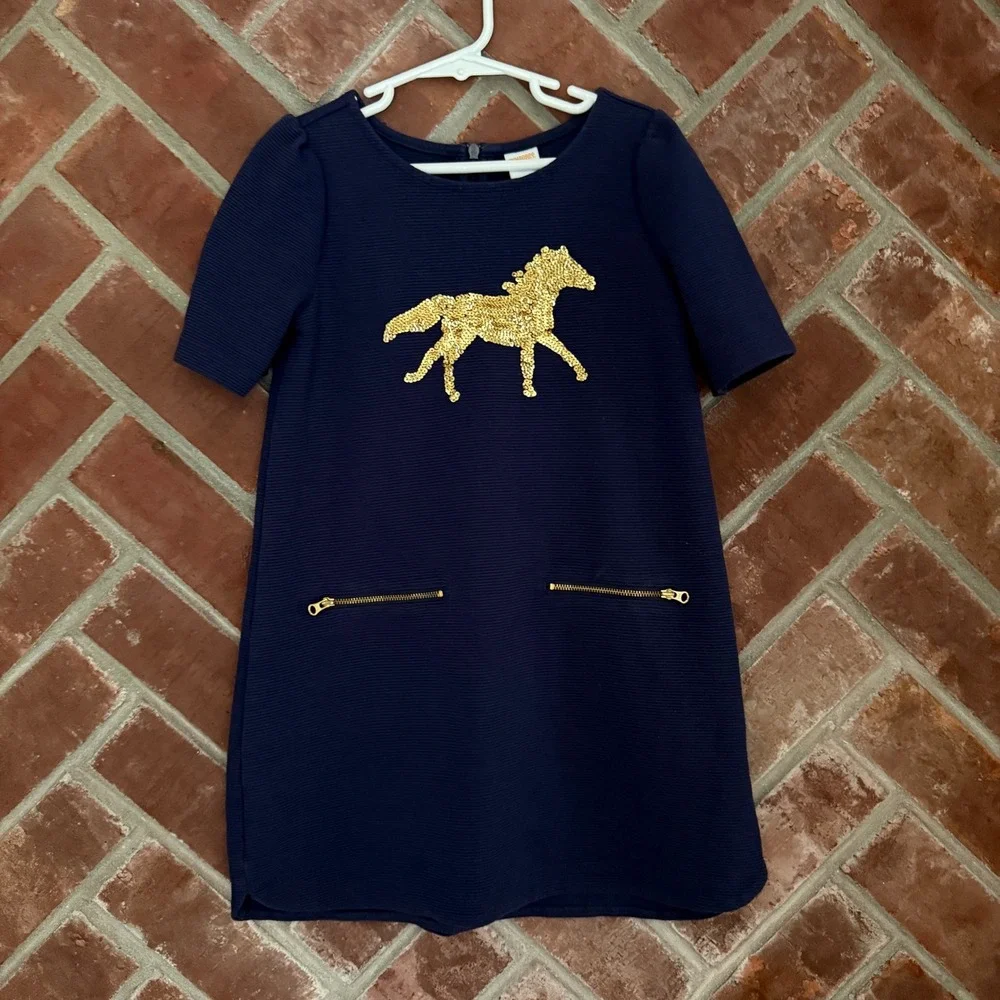 Gymboree Dress Girls 6 Navy Blue Sequin Horse Ribbed Knit Short Sleeve Shift